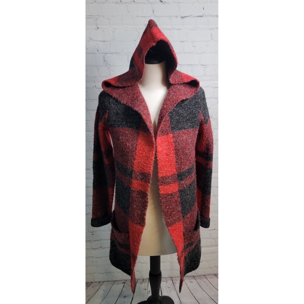 Red Sweater Cardigan Sz S Drape Hood Red Black Coat Cozy Buffalo Plaid Pockets